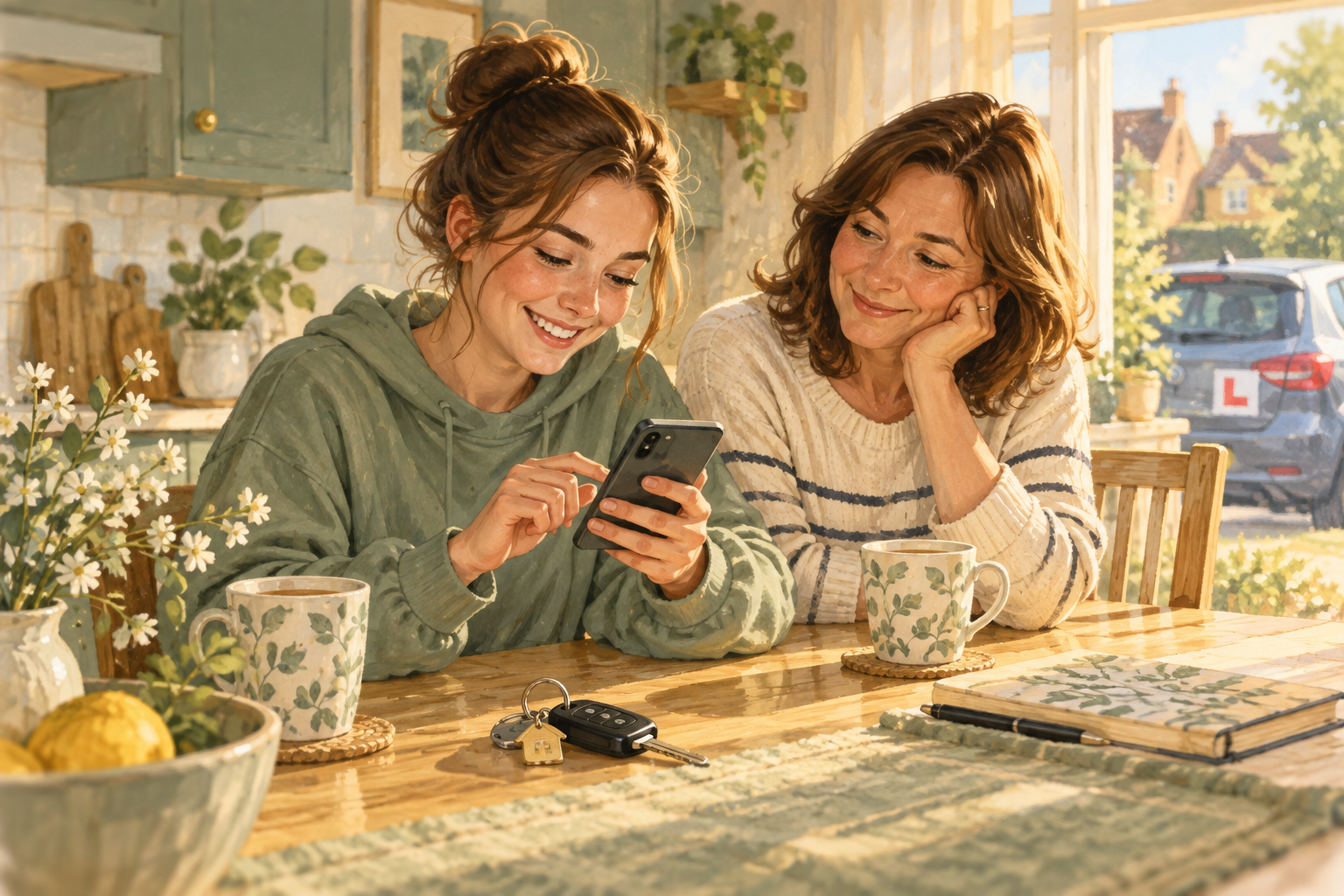 Illustration of A new driver and parent sharing a proud moment at home
