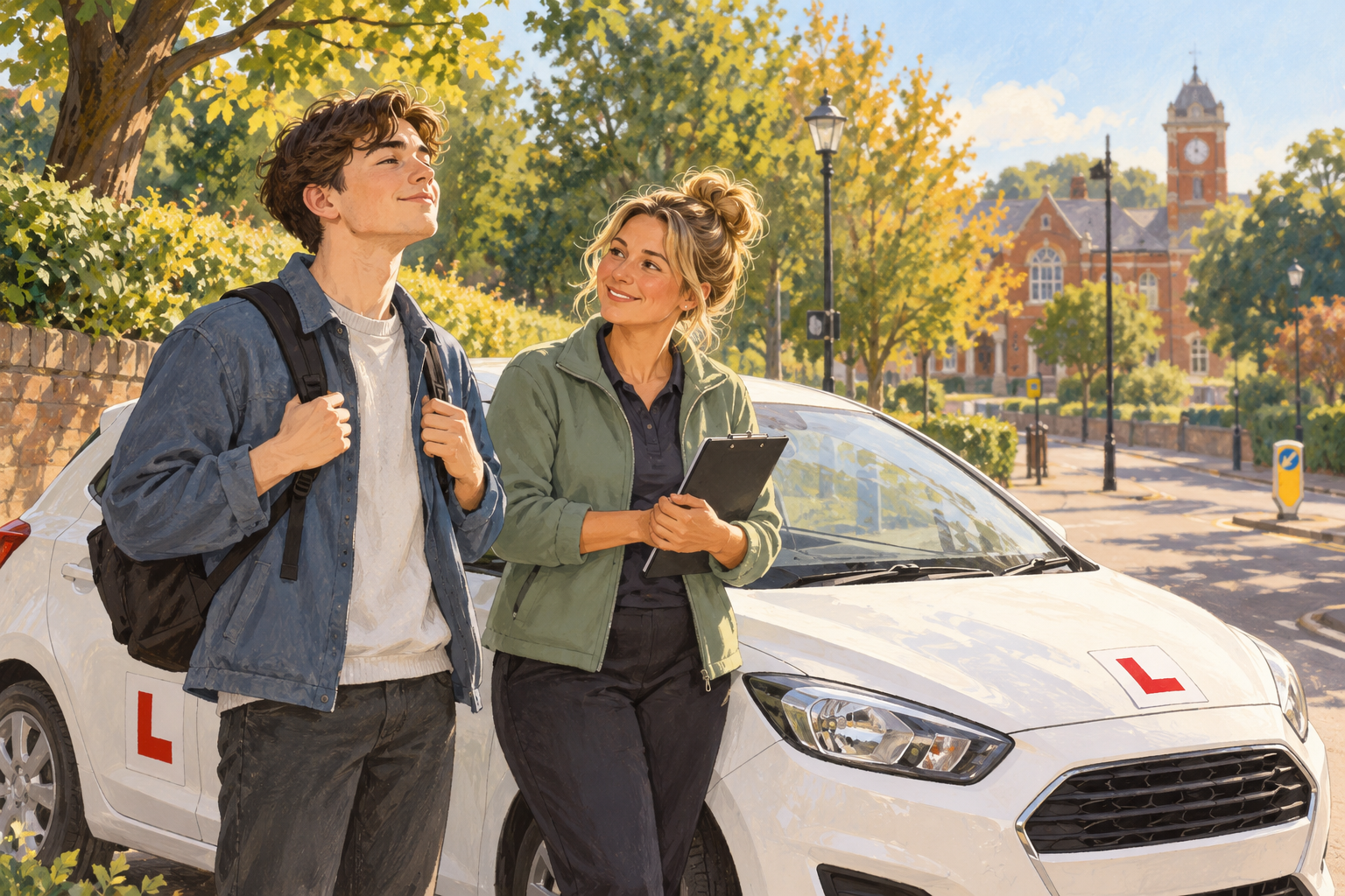 Illustration of A learner and instructor pause calmly beside their learner car